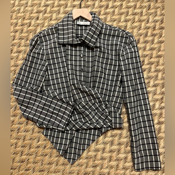 Tory Burch Top - Women's 4 Gray - Plaid Button Down Asymmetric Wrap Grey - Picture 13 of 16